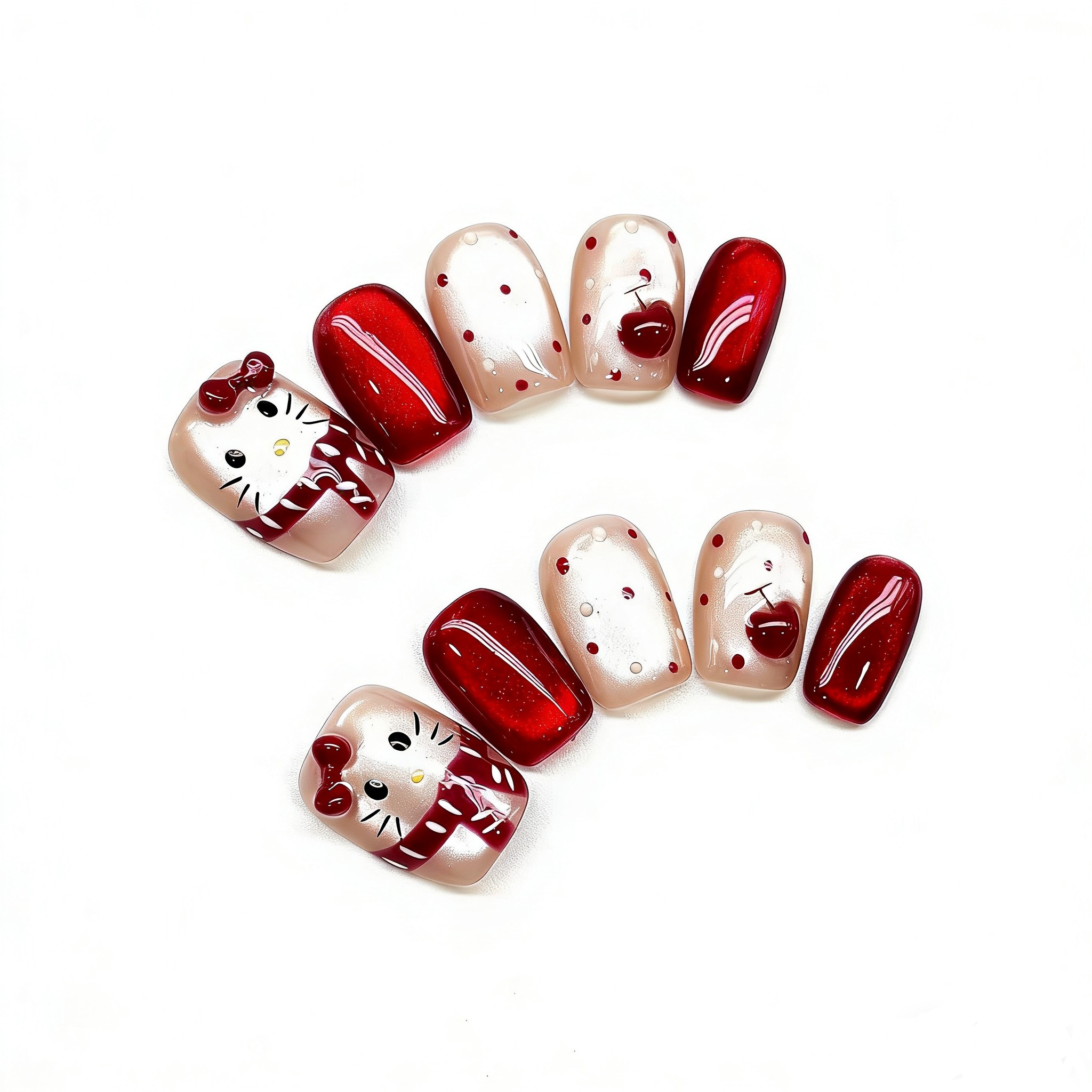 Maxfine卡通KT猫穿戴甲酒红色蝴蝶结美甲贴片可爱少女樱桃甲片,淘宝优惠券,粉丝福利购,淘宝优惠卷
