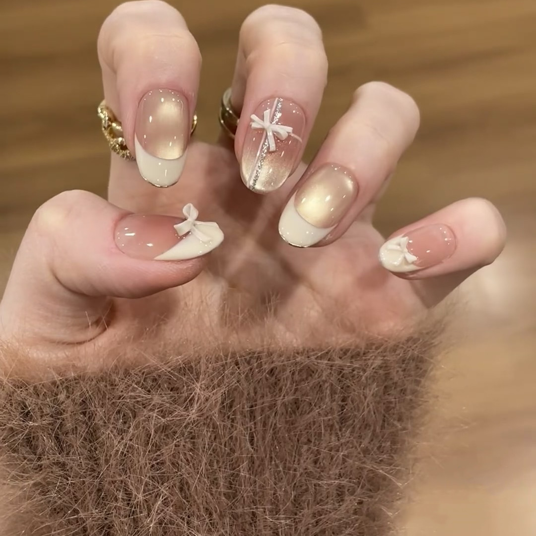 新款纯手工穿戴甲纯欲风设计师款小众短款高颜值粉嫩蝴蝶结美甲,淘宝优惠券,粉丝福利购,淘宝优惠卷