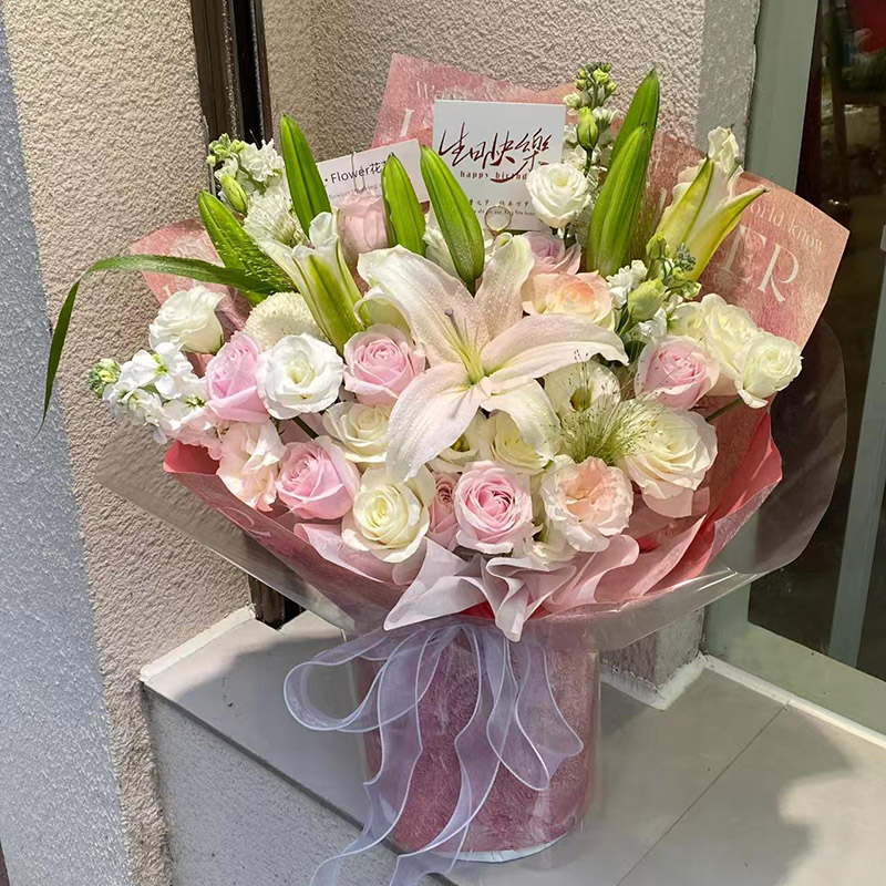 康乃馨百合花束送妈妈送长辈生日深圳广州鲜花速递全国同城配送店