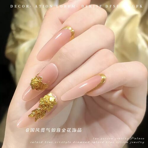 网红新款富贵花美甲钻金属金黄轻奢立体五瓣花小蝴蝶指甲贴装饰品 - 图0