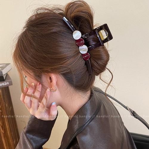 复古撞色圆标头发抓夹女高级感大号发量大发夹后脑勺盘发鲨鱼夹子 - 图3