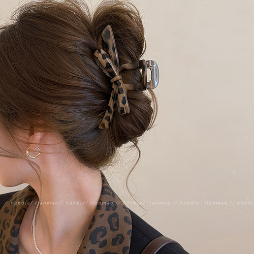 韩系豹纹蝴蝶结抓夹女高级感半扎发鲨鱼夹超大号发夹气质头饰发卡 - 图3