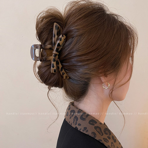 韩系豹纹蝴蝶结抓夹女高级感半扎发鲨鱼夹超大号发夹气质头饰发卡 - 图2