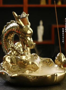 跨境陶瓷大号烟倒流香薰炉 哑光金色鲤鱼化龙香道创意摆件檀香炉