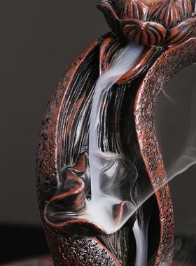 跨境优选树脂高山流水倒流香炉 创意荷叶荷花回流檀香炉家居摆件