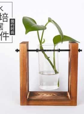 创意水培玻璃摆件 透明玻璃试管木架花瓶水培容器办公室绿色饰品