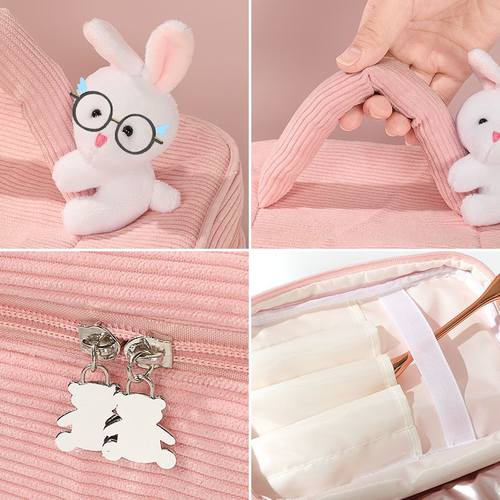 新款大容量化妆包便携式收纳包小兔子化妆包毛绒可爱灯芯绒洗漱包 - 图2