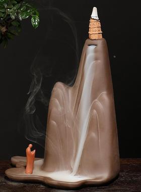 厂家直销紫砂倒流香炉创意高山流水一心向佛烟倒流檀香炉家居摆件