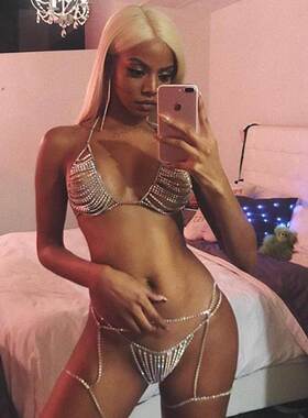 欧洲爆款配饰 女装夜店爆款超闪流苏吊带文胸比基尼身体链套装