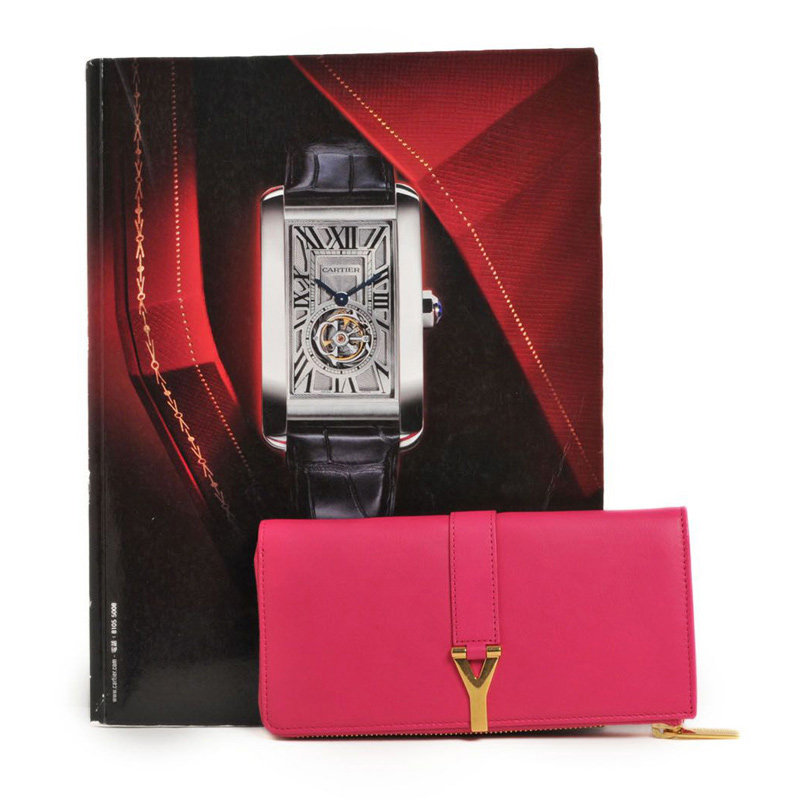 圣罗兰女士桃红色牛皮拉链开口钱包 YISHEHUI海外女士包袋