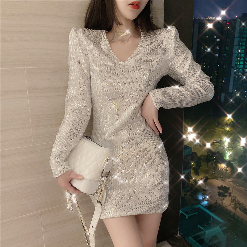 春季新款修身亮片黑色v领潮连衣裙 森丽顿蕾丝衫/雪纺衫