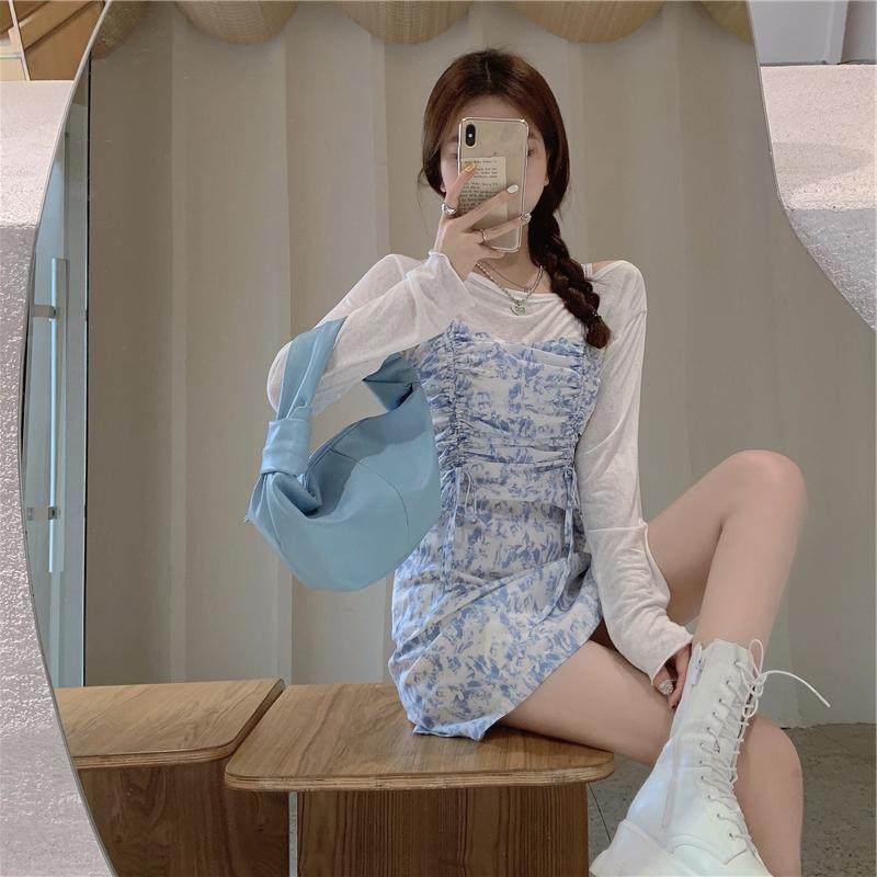 秋季新款港风chic复古扎染吊带t恤 森丽顿短外套