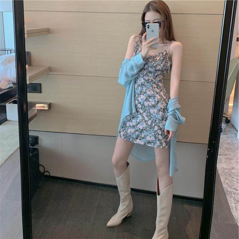 秋冬新款网红吊带碎花连衣裙衬衫 森丽顿时尚套装