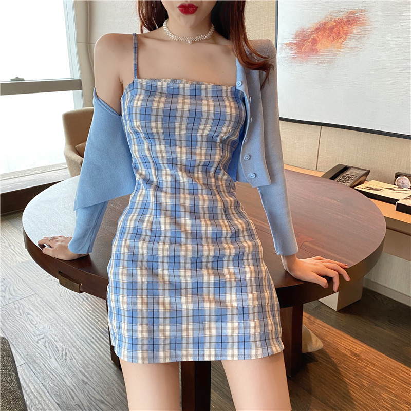 法式格子chic小个子两件套 森丽顿蕾丝衫/雪纺衫