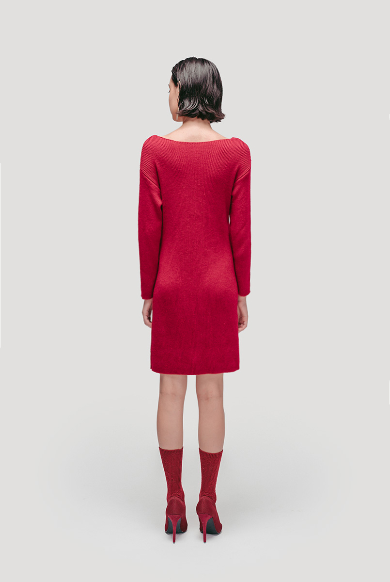 LEYN圣诞年会过年春节派对暗红色优雅羊绒扭结首要显瘦羊毛连衣裙-图1