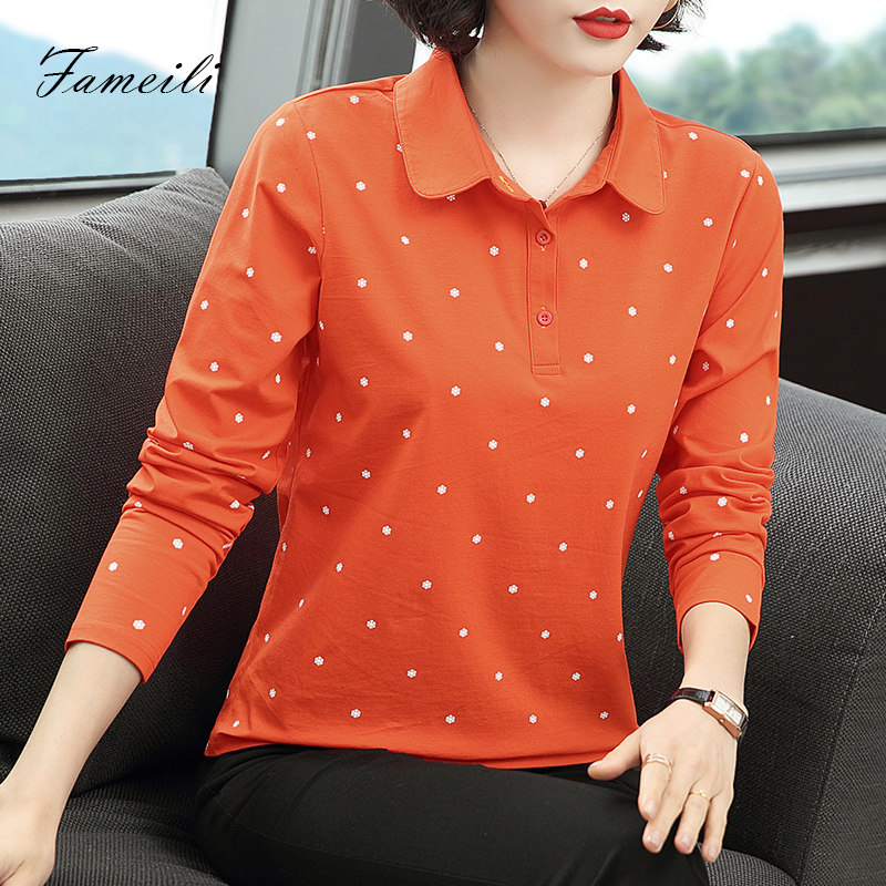 女长袖纯棉有领宽松2021新款polo衫 金羽伶T恤