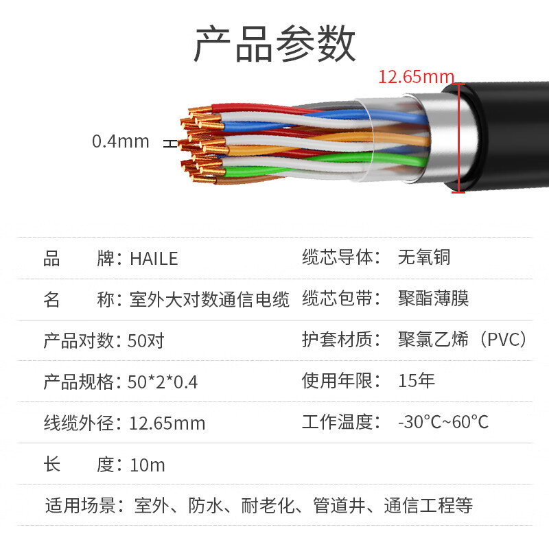 HAILE海乐 HYA-50*2*0.4室外50对 电话线市话电缆语音阻燃PVC外套 - 图3