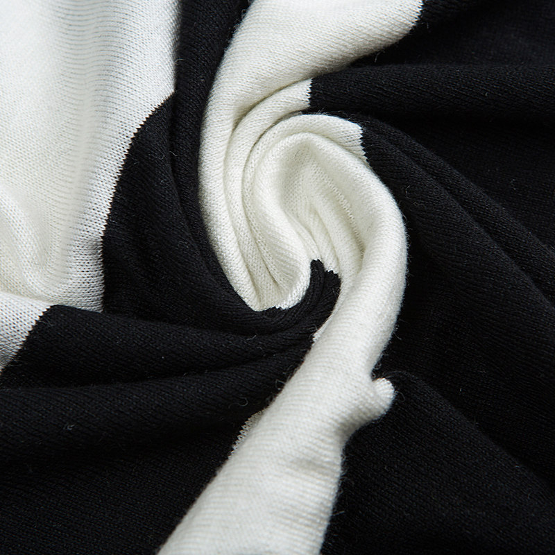 v领条纹薄款拼色七分袖针织毛衣 纹络汇毛衣