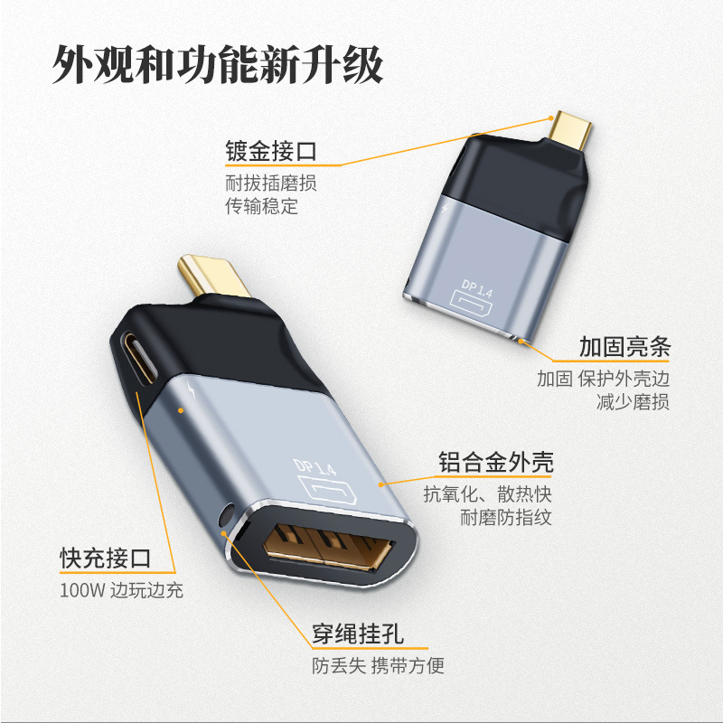 Type c转Dp转接头144HZ usb-c hdmi/VGA转换器8K雷电3转Dp1.4版4K60适用苹果联想小新pro连电视显示器投影仪 - 图2