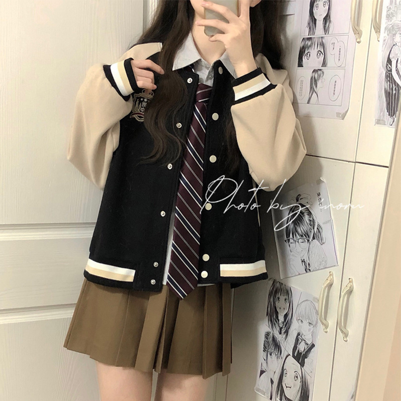 棒球服毛呢外套女2023年新款初中高中生小个子学院风夹克上衣