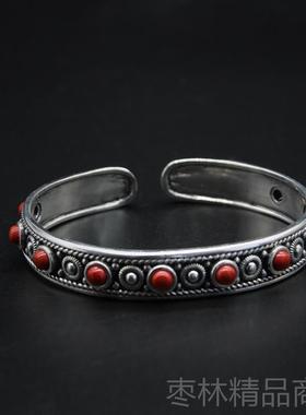 正品民族风9族25纯银手镯复古款开口藏特草做旧手环游牧原风色蒙