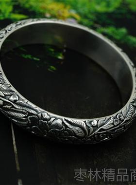 正品银复古银手镯99纯红银女手口工浮雕实镯心民族风盛放牡丹开银