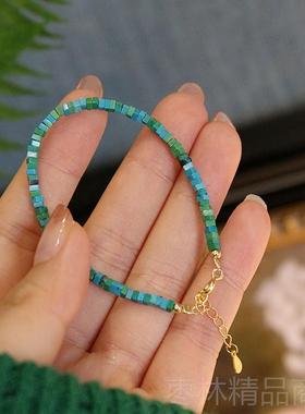正品9极25纯银细松石链古风首手饰复古镀14k金清新绿色女小众绿手