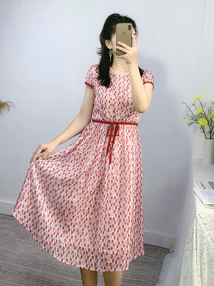 慕衣思方格子碎花雪纺气质收腰长裙 慕衣思连衣裙