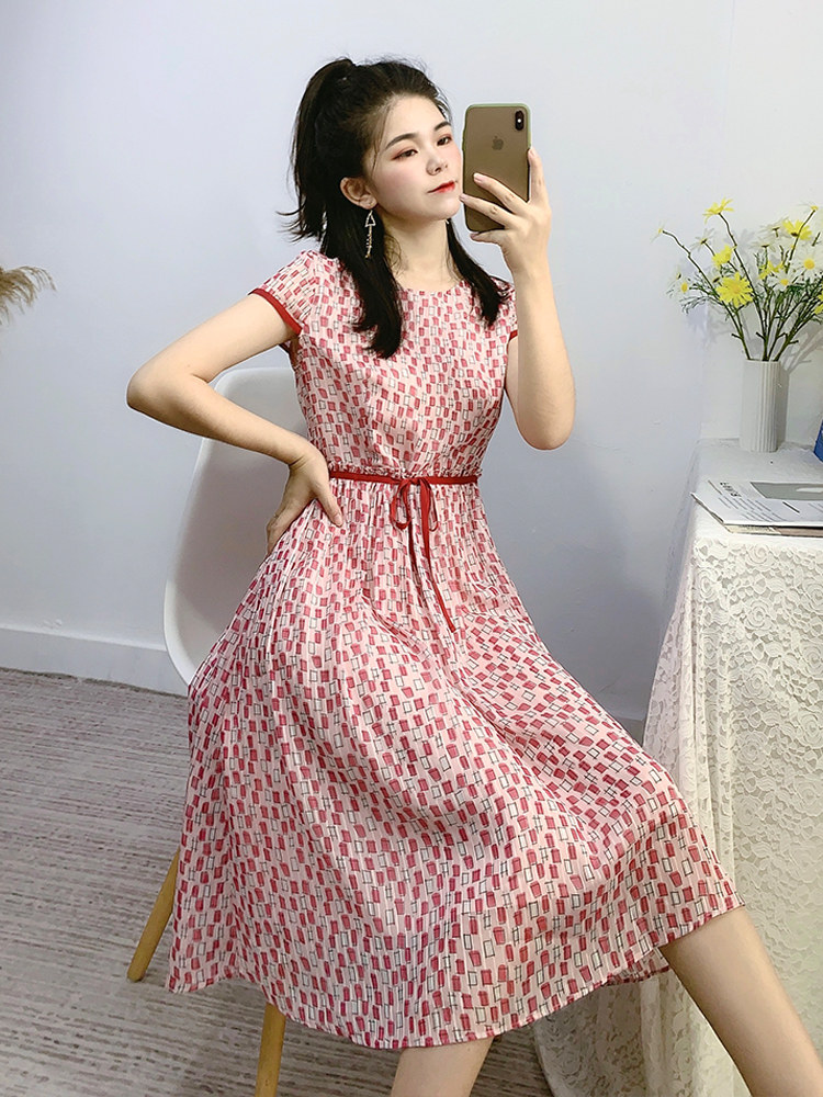 慕衣思方格子碎花雪纺气质收腰长裙 慕衣思连衣裙