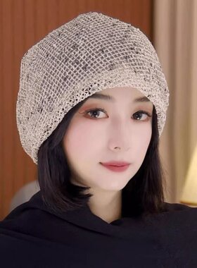 夏季遮白发碎发堆堆帽女薄款宽松显脸小镂空套头帽坐月子包头帽子