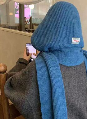 蓝色巴拉克拉法帽女款冬季大头围护耳保暖毛线帽针织帽子围巾一体
