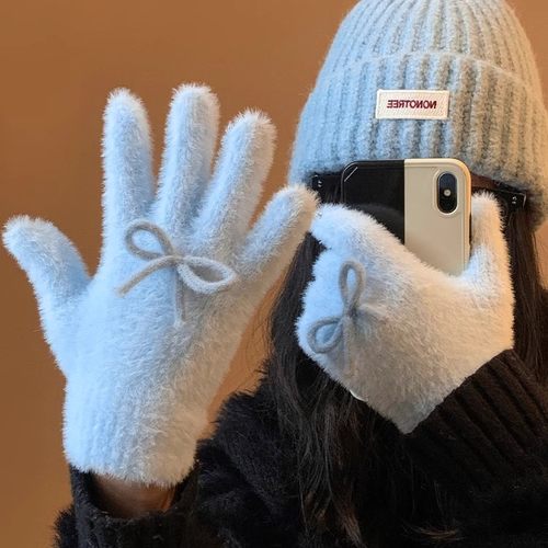 韩系可爱蓝色蝴蝶结针织毛绒手套冬季加绒保暖防寒分指毛茸茸HWJ - 图0