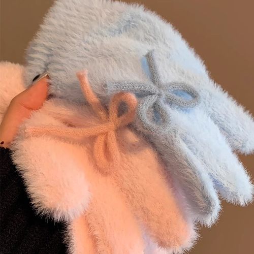 韩系可爱蓝色蝴蝶结针织毛绒手套冬季加绒保暖防寒分指毛茸茸HWJ - 图2