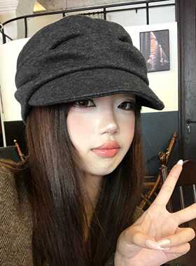 女士秋季日系贝雷帽黑色褶皱复古