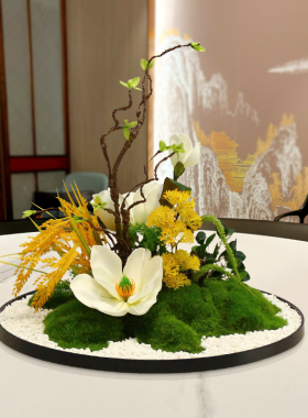 新中式酒店大圆餐桌中间摆花高端餐厅电动转盘摆件装饰品景观造景