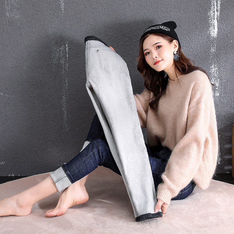 高腰小脚冬季2021年新款加绒牛仔裤 刘菇凉牛仔裤