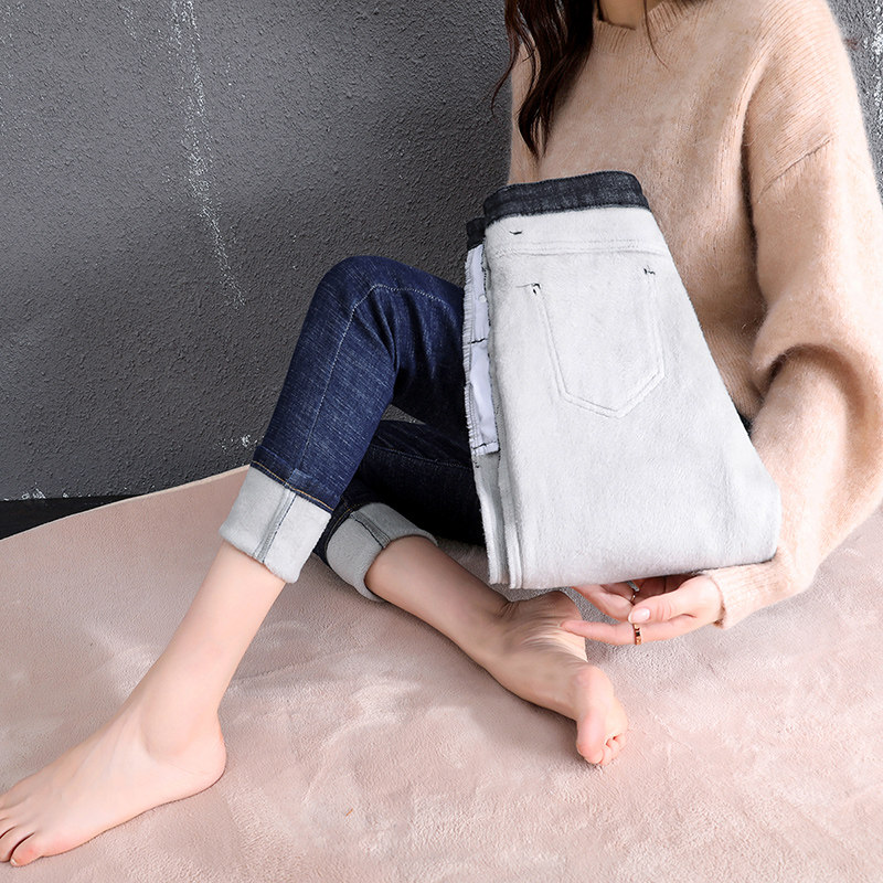 高腰小脚冬季2021年新款加绒牛仔裤 刘菇凉牛仔裤