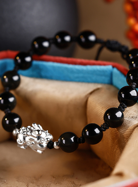 麒麟黑曜石手绳配女款2024新款气质轻奢珠珠999足银素款精致手串