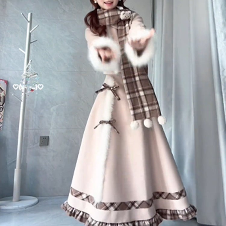 焦糖小熊 秋冬氛围感甜美格子拼接毛呢围巾外套长裙千金感三件套,淘宝优惠券,粉丝福利购,淘宝优惠卷