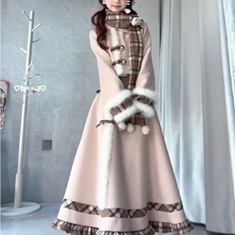 焦糖小熊 秋冬氛围感甜美格子拼接毛呢围巾外套长裙千金感三件套,淘宝优惠券,粉丝福利购,淘宝优惠卷