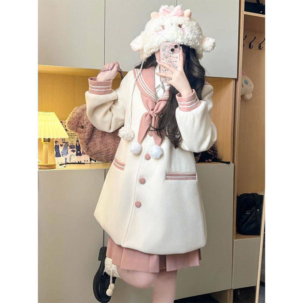 秋冬JK制服毛呢粉白绀白套装海军领上衣蝴蝶结小众设计百褶裙套装,淘宝优惠券,粉丝福利购,淘宝优惠卷