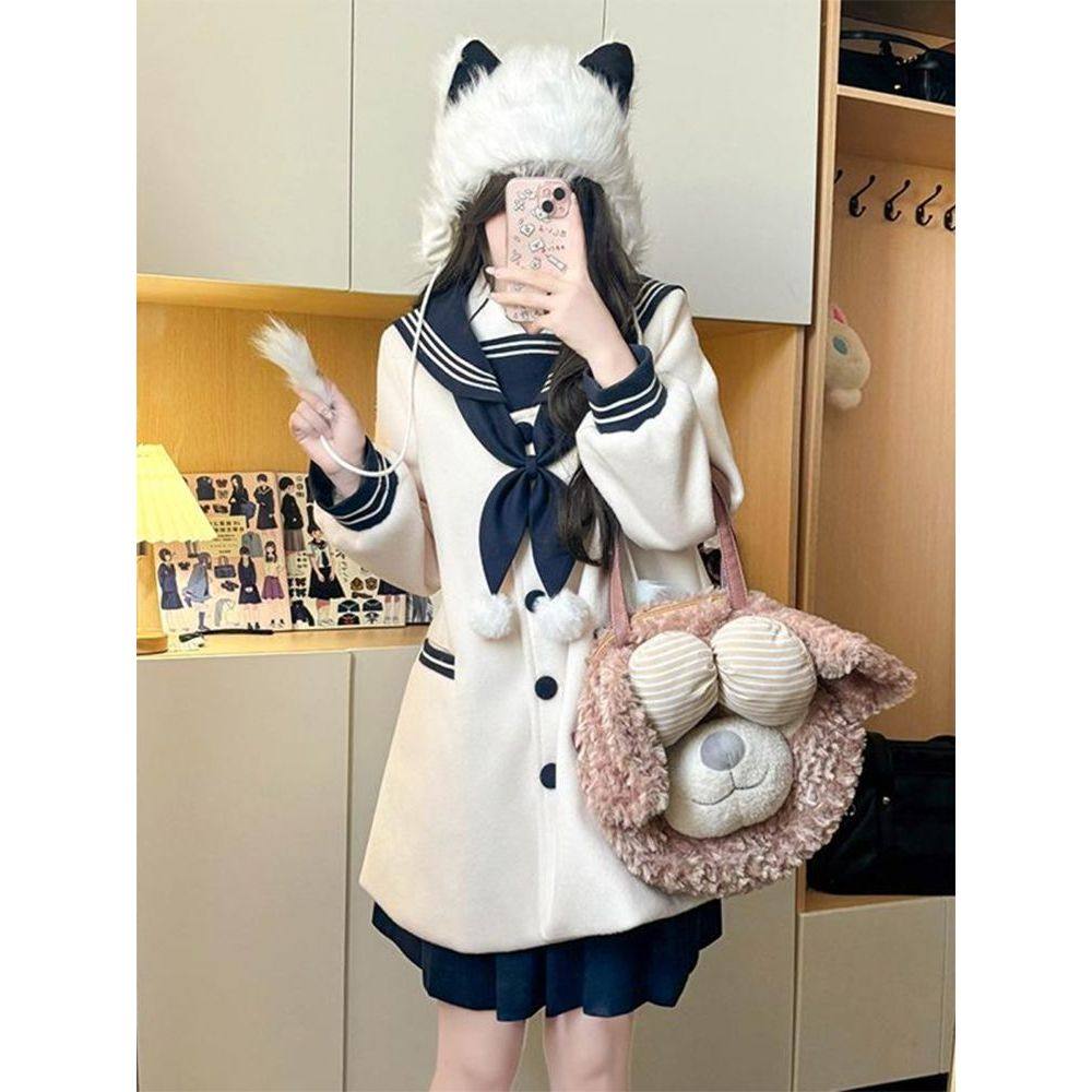 秋冬JK制服毛呢粉白绀白套装海军领上衣蝴蝶结小众设计百褶裙套装,淘宝优惠券,粉丝福利购,淘宝优惠卷