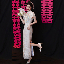 High-end heavy work qipao toast to the bride 2023 new Chinese wind sequin embroidered champagne gold evening gown engagement