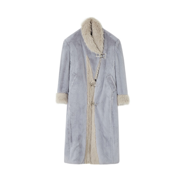 OfAkiva“智性范本”长毛拼接氛围感毛呢外套女冬中长款保暖大衣