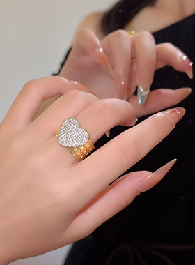 闪钻爱心镶钻戒指宽面开口指环女