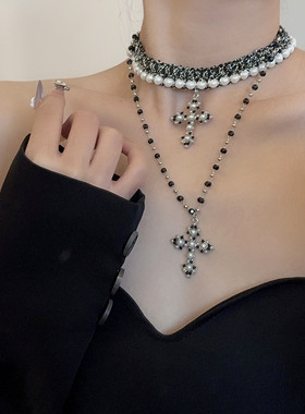 亚文化镶钻珍珠十字架叠戴项链