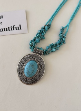 几何椭圆长款异形绿松石串珠项链