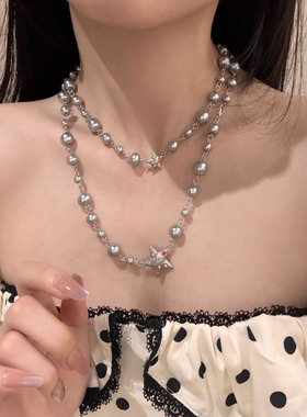 灰色珍珠双层五角星镶钻项链女