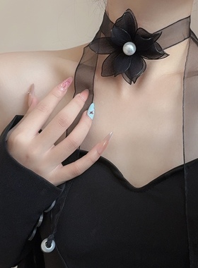 黑色丝带花朵choker颈链项圈绑带