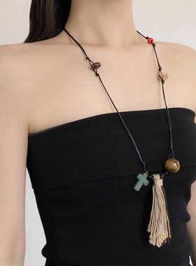 黑绳可调节流苏串珠项链毛衣链女